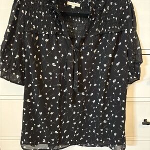 Pleione Black and White Floral Tie-Neck Blouse